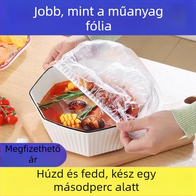 Műanyag fólia, légybiztos, eldobható, háztartási hűtőszekrény-maradékok frissen tartó fedele, univerzális műanyag fólia, tálfedő, tálfedő