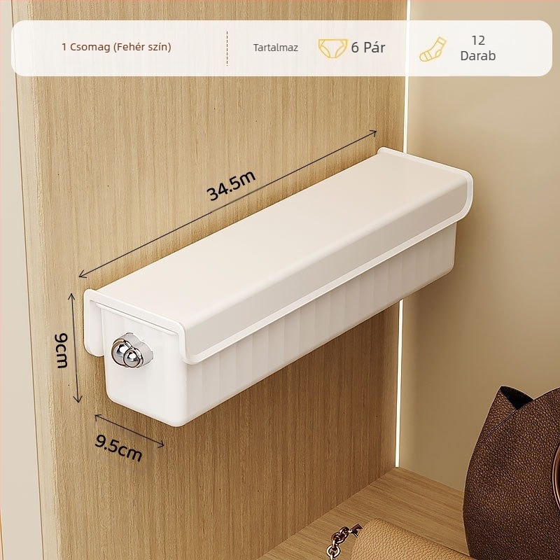 Falra szerelhető tárolódoboz, fehérnemű, zokni, gardrób, oldalsó tároló, fehérnemű, befejező tárgyak tárolója, válaszfal, fiók