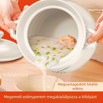 Nagy fehér porcelánedény, hőálló, gáztűzhelyen használható, ideális csirke és hús párolásához, zabkása főzéséhez, valamint nagy kapacitású levesesfazék, kifejezetten száraz égetésre tervezve