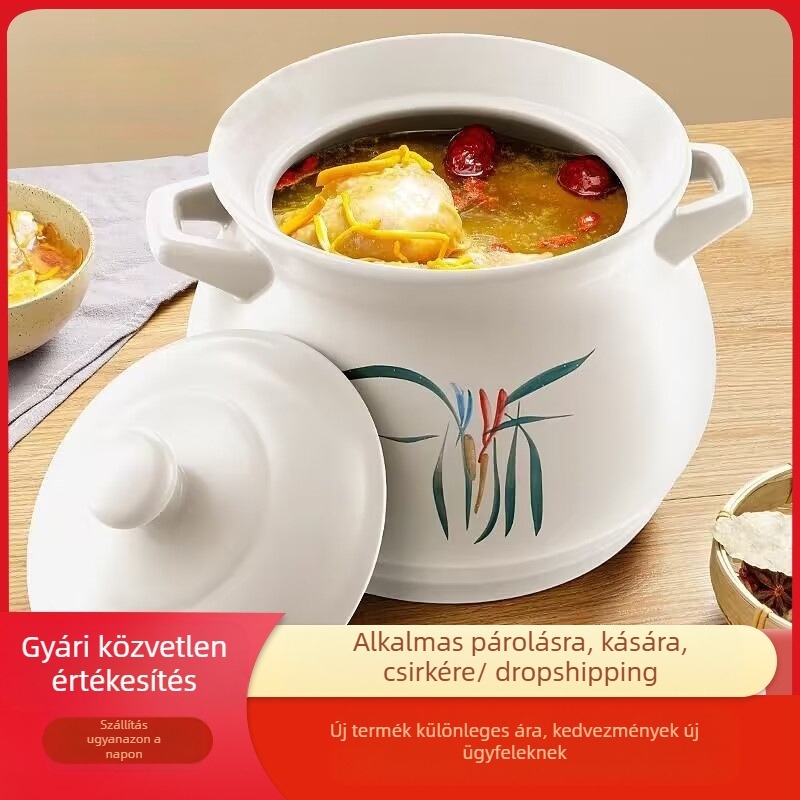 Nagy fehér porcelánedény, hőálló, gáztűzhelyen használható, ideális csirke és hús párolásához, zabkása főzéséhez, valamint nagy kapacitású levesesfazék, kifejezetten száraz égetésre tervezve
