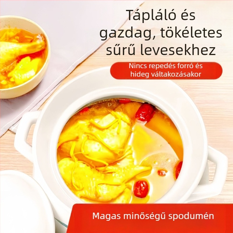 Nagy fehér porcelánedény, hőálló, gáztűzhelyen használható, ideális csirke és hús párolásához, zabkása főzéséhez, valamint nagy kapacitású levesesfazék, kifejezetten száraz égetésre tervezve