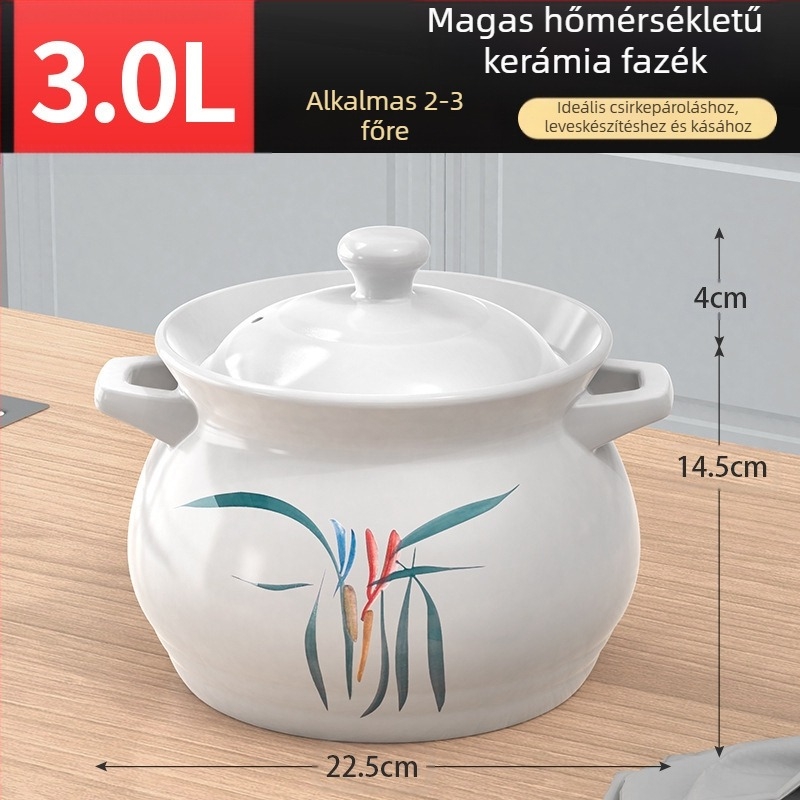 Nagy fehér porcelánedény, hőálló, gáztűzhelyen használható, ideális csirke és hús párolásához, zabkása főzéséhez, valamint nagy kapacitású levesesfazék, kifejezetten száraz égetésre tervezve