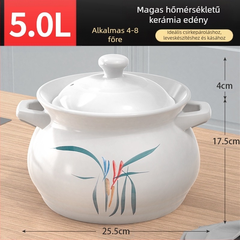 Nagy fehér porcelánedény, hőálló, gáztűzhelyen használható, ideális csirke és hús párolásához, zabkása főzéséhez, valamint nagy kapacitású levesesfazék, kifejezetten száraz égetésre tervezve