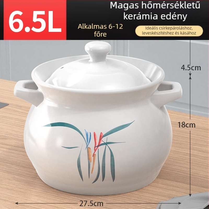 Nagy fehér porcelánedény, hőálló, gáztűzhelyen használható, ideális csirke és hús párolásához, zabkása főzéséhez, valamint nagy kapacitású levesesfazék, kifejezetten száraz égetésre tervezve