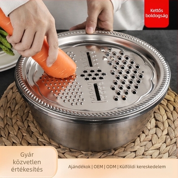 Gyárilag közvetlen szállítású rozsdamentes acél multifunkciós reszelő, háromrészes Amoy rizsszűrő reszelő, konyhai lefolyómosó