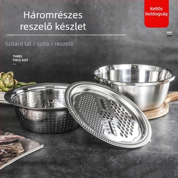 Gyárilag közvetlen szállítású rozsdamentes acél multifunkciós reszelő, háromrészes Amoy rizsszűrő reszelő, konyhai lefolyómosó