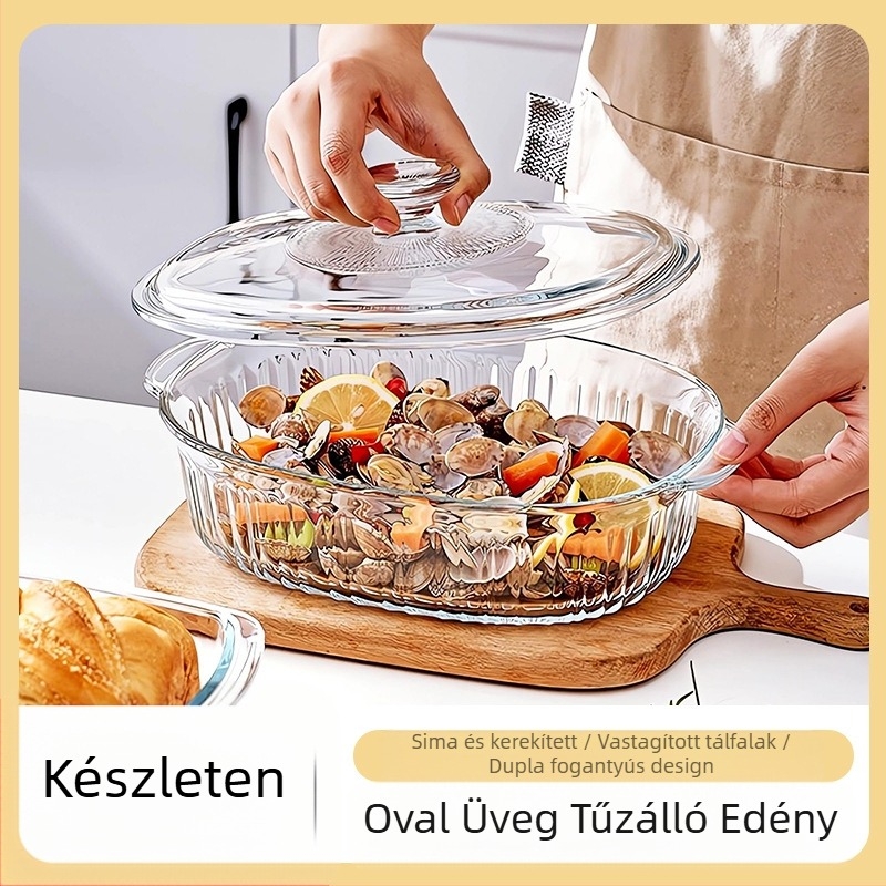 Magas boroszilikát üveg ovális átlátszó függőleges mintázatú gyöngy pamut csomagolás fedéllel kristály edény háztartási konyhai kellékek leveses edény