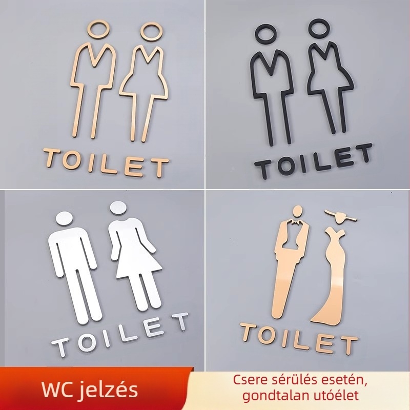 Fürdőszobai használati utasítás matricák, akril, vastagított ajtótáblák, arany sztereó minták, férfi és női mosdóba való kivágható ezüst táblák