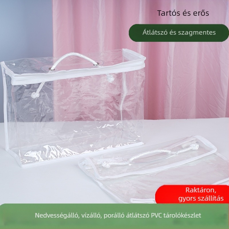 Átlátszó PVC tároló táska kézi fogással, kocka alakú, ágyneműhöz és takarókhoz, 40×10×30 cm