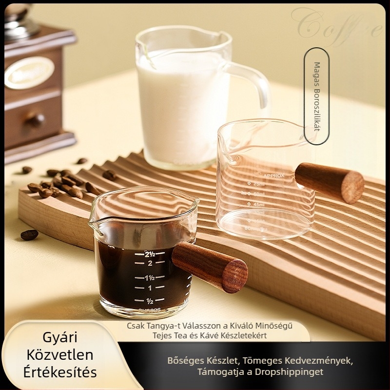 Kávéfőző pohár, skálával, fa fogantyúval, mérőpohár, eszpresszó uncia pohár, kis tejespohár, kiváló és luxus