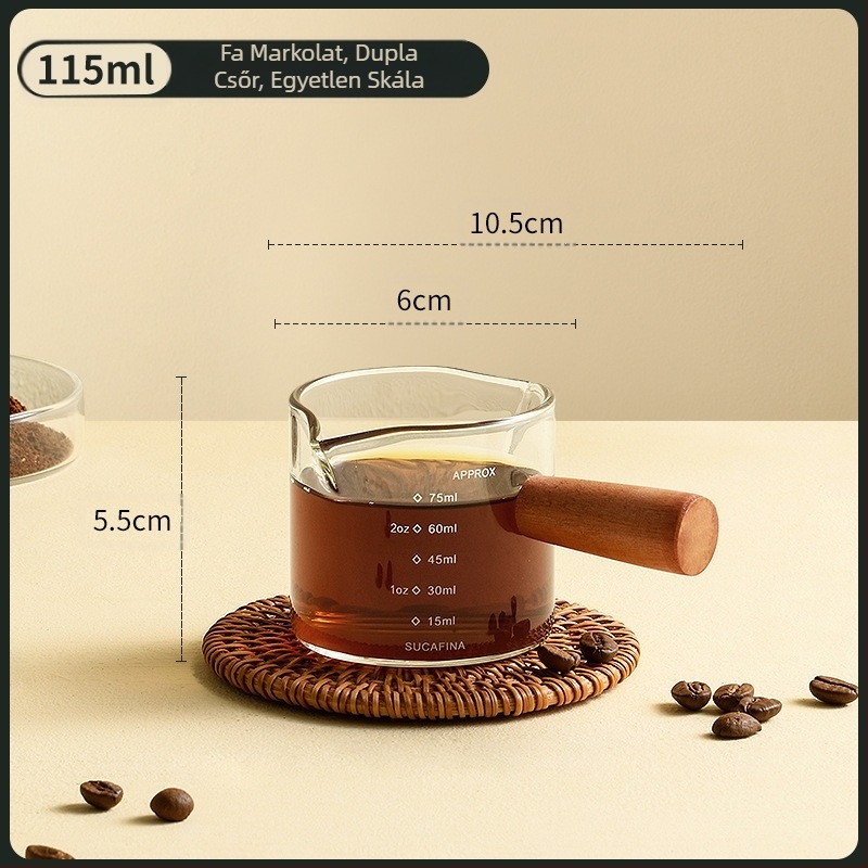 Kávéfőző pohár, skálával, fa fogantyúval, mérőpohár, eszpresszó uncia pohár, kis tejespohár, kiváló és luxus
