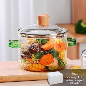 Nagy kapacitású konyhai kellékek leveses üvegfazék kicsi fogantyúval zöld fogantyú üvegfazék magas hőmérsékletnek ellenálló nyílt láng univerzális