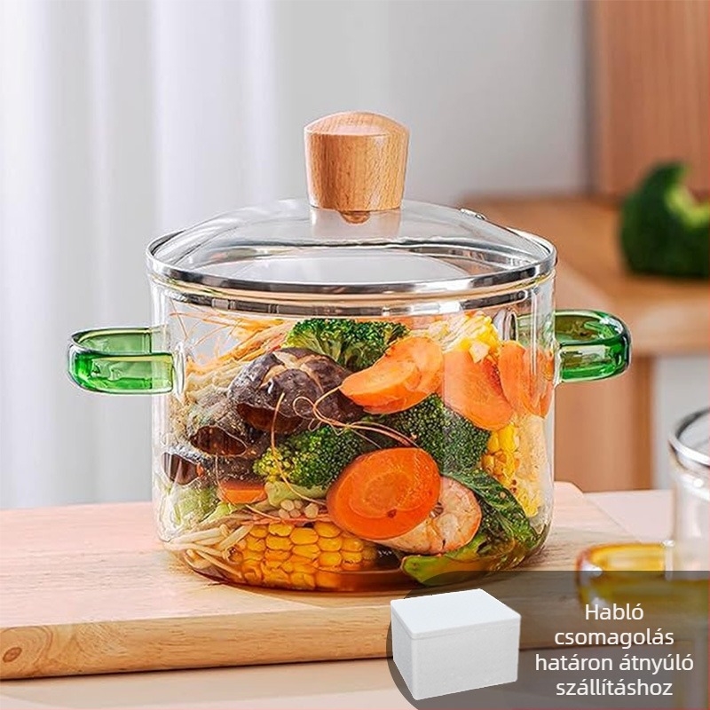 Nagy kapacitású konyhai kellékek leveses üvegfazék kicsi fogantyúval zöld fogantyú üvegfazék magas hőmérsékletnek ellenálló nyílt láng univerzális