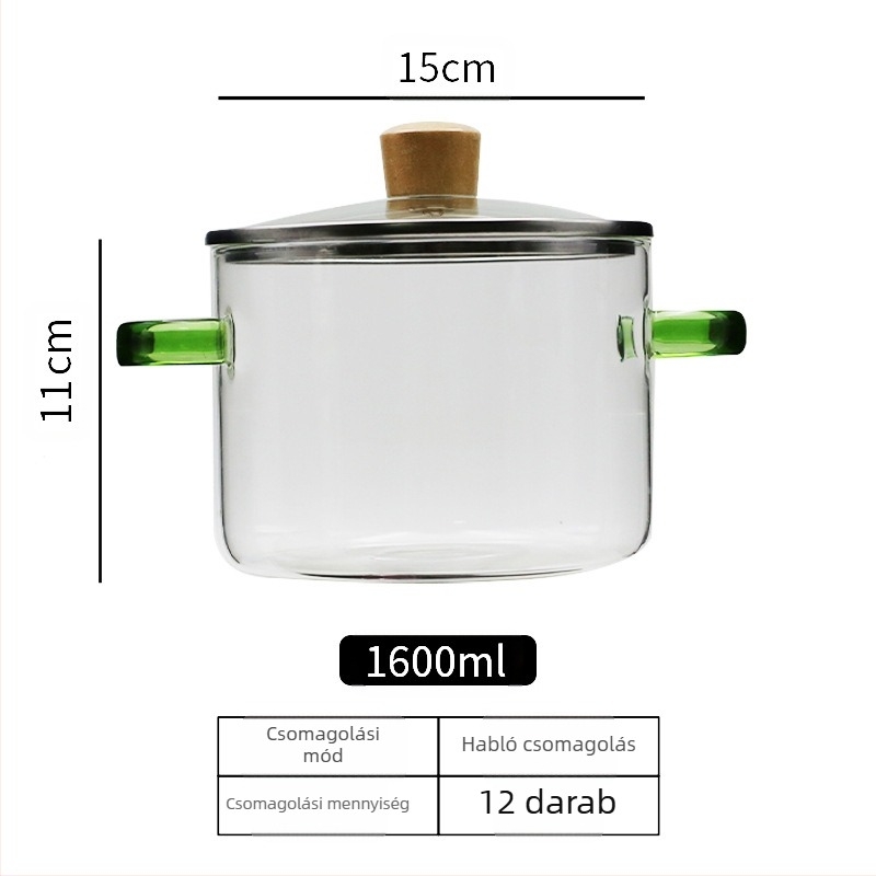 Nagy kapacitású konyhai kellékek leveses üvegfazék kicsi fogantyúval zöld fogantyú üvegfazék magas hőmérsékletnek ellenálló nyílt láng univerzális