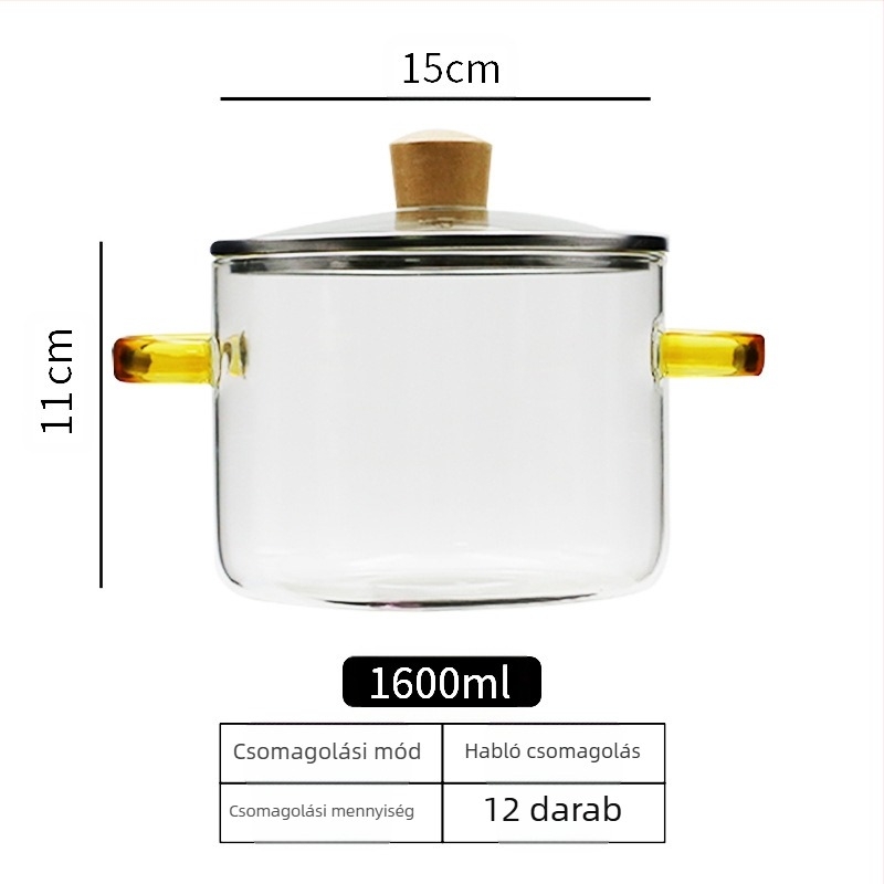 Nagy kapacitású konyhai kellékek leveses üvegfazék kicsi fogantyúval zöld fogantyú üvegfazék magas hőmérsékletnek ellenálló nyílt láng univerzális