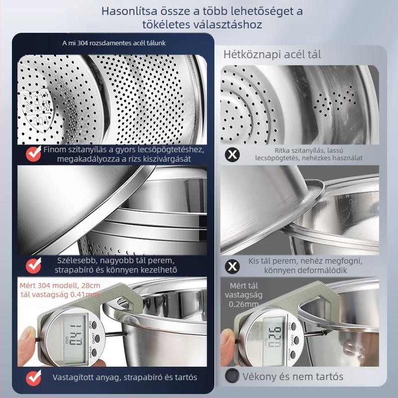 304 rozsdamentes acélból készült, megvastagított és többcélú mosdó, mosdó, zöldséges mosdó, tojástál, háztartási leveses mosdó