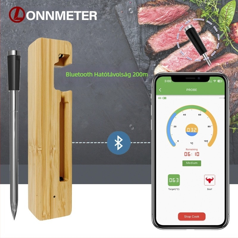 Határokon átnyúló vezeték nélküli Bluetooth ételhőmérő vízálló rozsdamentes acél elektronikus konyhai sütő grill precíziós hőmérsékletmérés