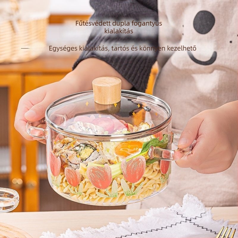 Magas boroszilikát tartalmú, tulipán alakú üvegedény, átlátszó elektromos kerámiatűzhelyen melegíthető tésztatál, indukciós főzőlap, magas hőmérsékletnek ellenálló, fedővel és dupla fogantyúval