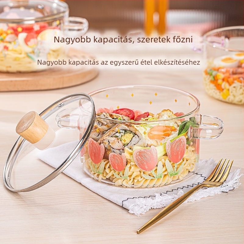 Magas boroszilikát tartalmú, tulipán alakú üvegedény, átlátszó elektromos kerámiatűzhelyen melegíthető tésztatál, indukciós főzőlap, magas hőmérsékletnek ellenálló, fedővel és dupla fogantyúval