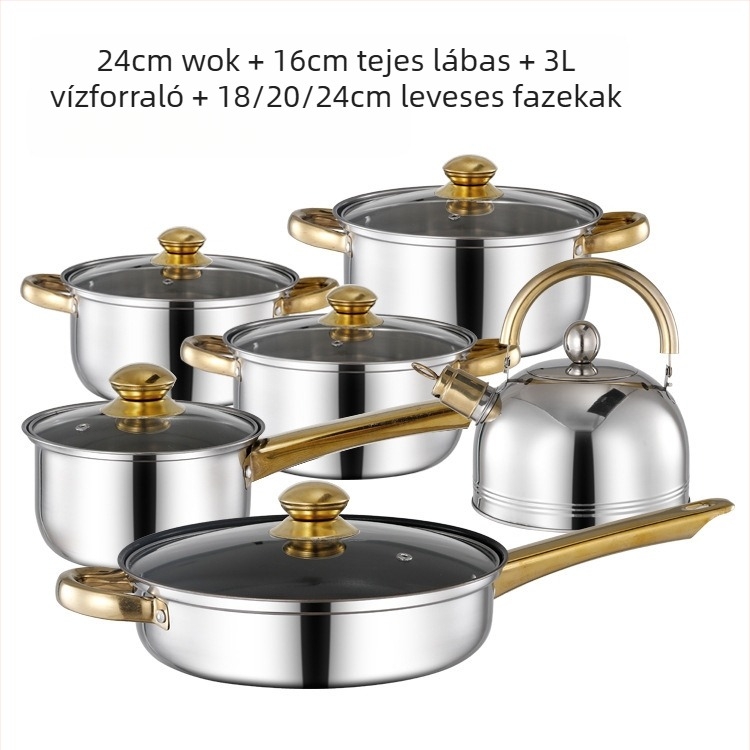 Határon átnyúló, vastagított dupla aljú, tizenkét darabos rozsdamentes acél tejeskanna, dupla fülű leveseskanna, hat darabos ajándéktál készlet