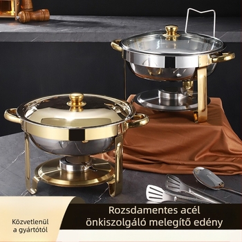 Rozsdamentes acél összecsukható étkezőkályha, kerek, arany CHAFING DISH, teljes büféfűtő összecsukható kerettel