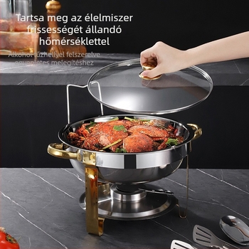 Rozsdamentes acél összecsukható étkezőkályha, kerek, arany CHAFING DISH, teljes büféfűtő összecsukható kerettel