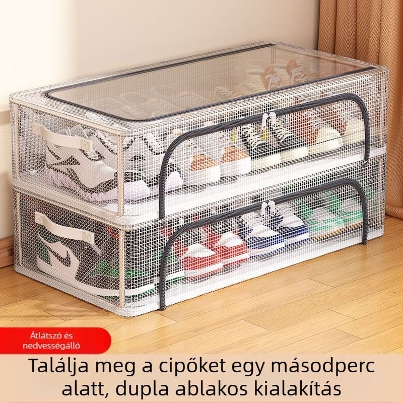 Új, kétajtós cipőtároló doboz, átlátszó hálós cipőtároló, összecsukható cipőtartó, hálótermi ágy alján található tároló cipőszekrény