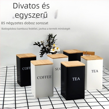 Bambusz fedél vas doboz négyzet alakú üveg egyszerű ins európai és amerikai stílusú kávé cukorka teásüveg bádoglemez lezárt csomagolású fémedény