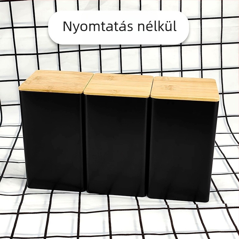 Bambusz fedél vas doboz négyzet alakú üveg egyszerű ins európai és amerikai stílusú kávé cukorka teásüveg bádoglemez lezárt csomagolású fémedény