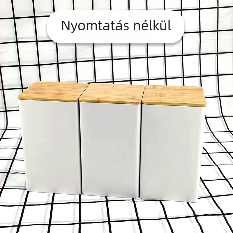 Bambusz fedél vas doboz négyzet alakú üveg egyszerű ins európai és amerikai stílusú kávé cukorka teásüveg bádoglemez lezárt csomagolású fémedény