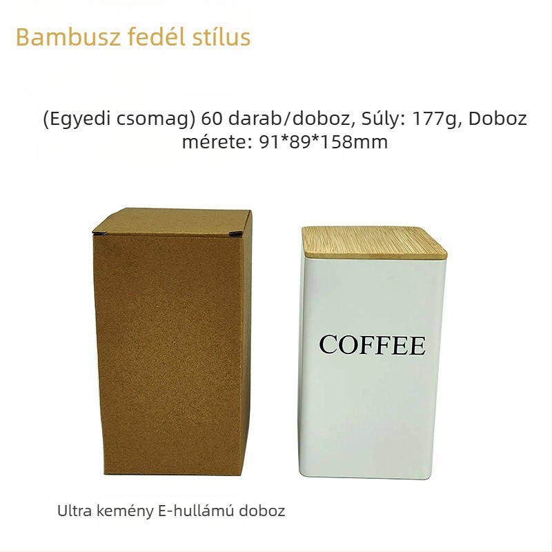 Bambusz fedél vas doboz négyzet alakú üveg egyszerű ins európai és amerikai stílusú kávé cukorka teásüveg bádoglemez lezárt csomagolású fémedény