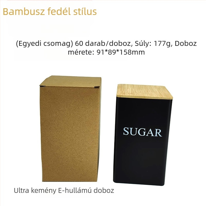 Bambusz fedél vas doboz négyzet alakú üveg egyszerű ins európai és amerikai stílusú kávé cukorka teásüveg bádoglemez lezárt csomagolású fémedény