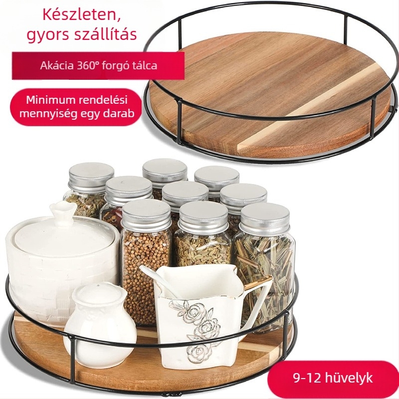 Akácfa Susan tárolóállvány, acél oldalsó kiegészítők, asztali szekrény, forgó tömörfa tálca