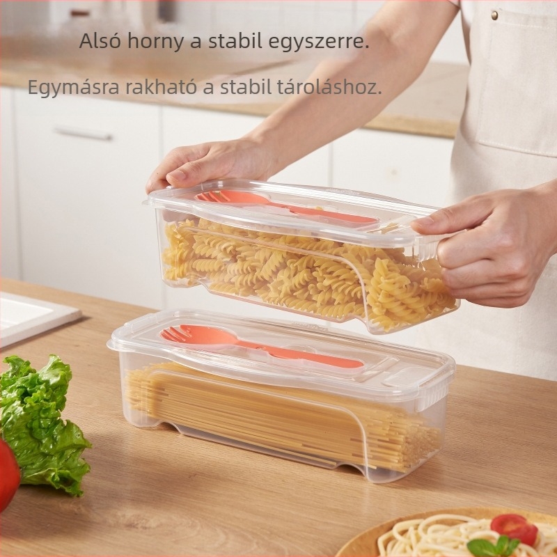 1300 ml-es ételtároló doboz villával és kanállal, hűtőszekrényben lefolyós tésztadoboz fedéllel, mikrohullámú sütőben melegíthető tésztakeverő doboz