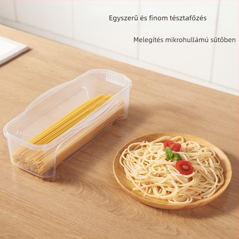 1300 ml-es ételtároló doboz villával és kanállal, hűtőszekrényben lefolyós tésztadoboz fedéllel, mikrohullámú sütőben melegíthető tésztakeverő doboz