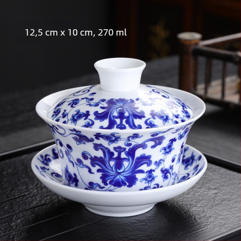 Magas fehér porcelán, nagyméretű, 300 ml-es kék és fehér fedeles teástál, nagy tál, jüan, kék és fehér sancai tál, három elemes, nyolc kincses teástál