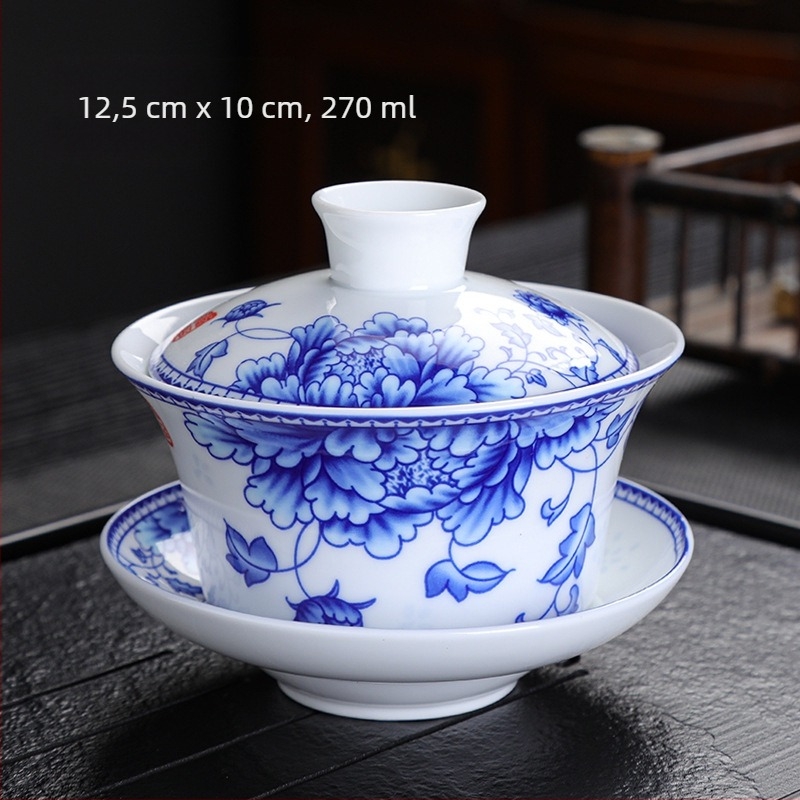 Magas fehér porcelán, nagyméretű, 300 ml-es kék és fehér fedeles teástál, nagy tál, jüan, kék és fehér sancai tál, három elemes, nyolc kincses teástál