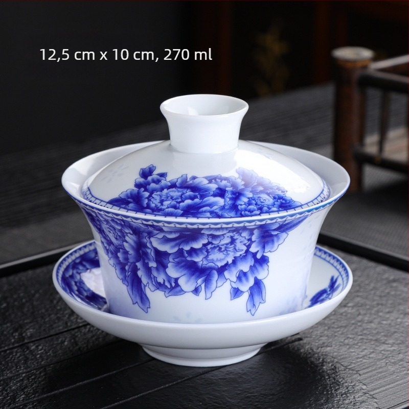 Magas fehér porcelán, nagyméretű, 300 ml-es kék és fehér fedeles teástál, nagy tál, jüan, kék és fehér sancai tál, három elemes, nyolc kincses teástál