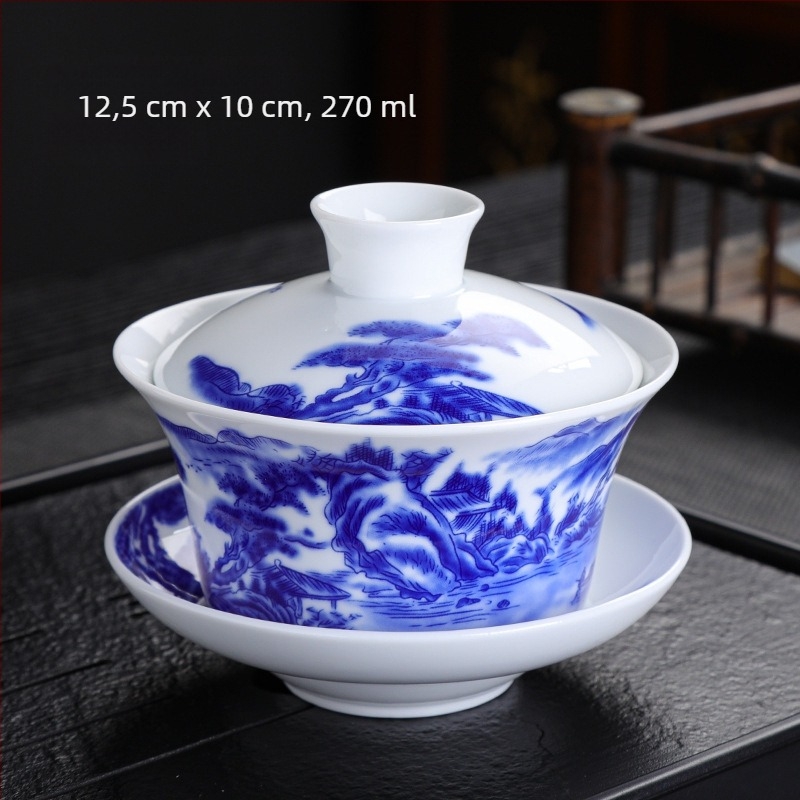 Magas fehér porcelán, nagyméretű, 300 ml-es kék és fehér fedeles teástál, nagy tál, jüan, kék és fehér sancai tál, három elemes, nyolc kincses teástál