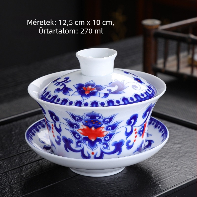 Magas fehér porcelán, nagyméretű, 300 ml-es kék és fehér fedeles teástál, nagy tál, jüan, kék és fehér sancai tál, három elemes, nyolc kincses teástál