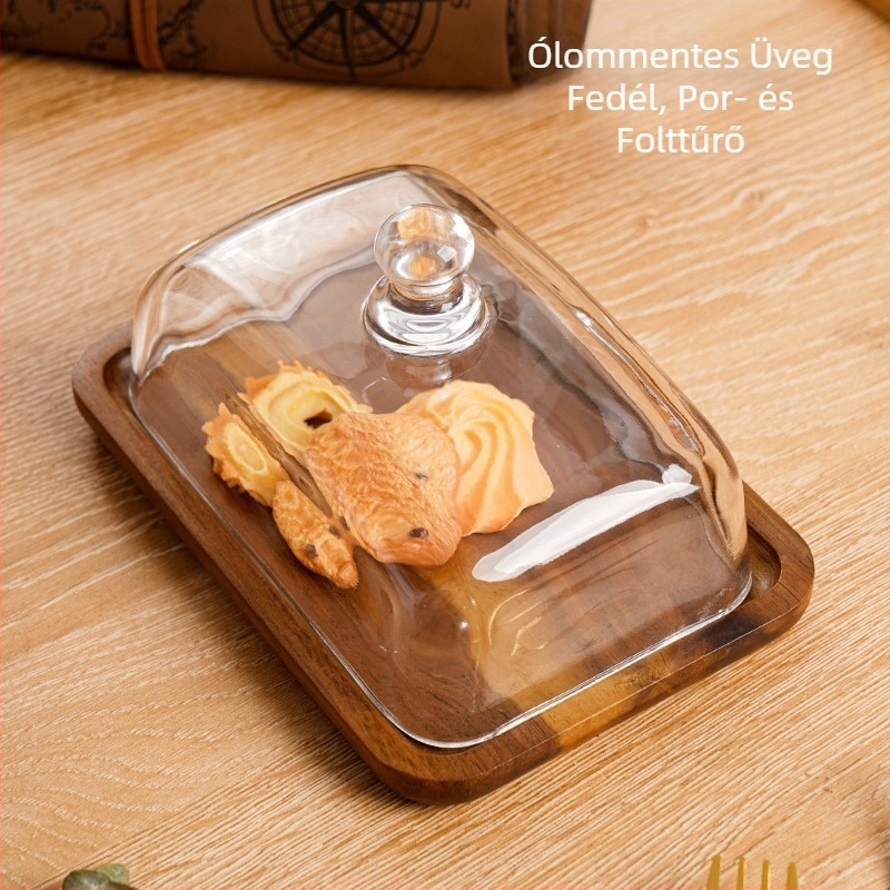 Határokon átnyúló, népszerű snack desszert torta desszert tányér téglalap alakú akácfa vajas tányér üvegfedél sajt vajas tányér