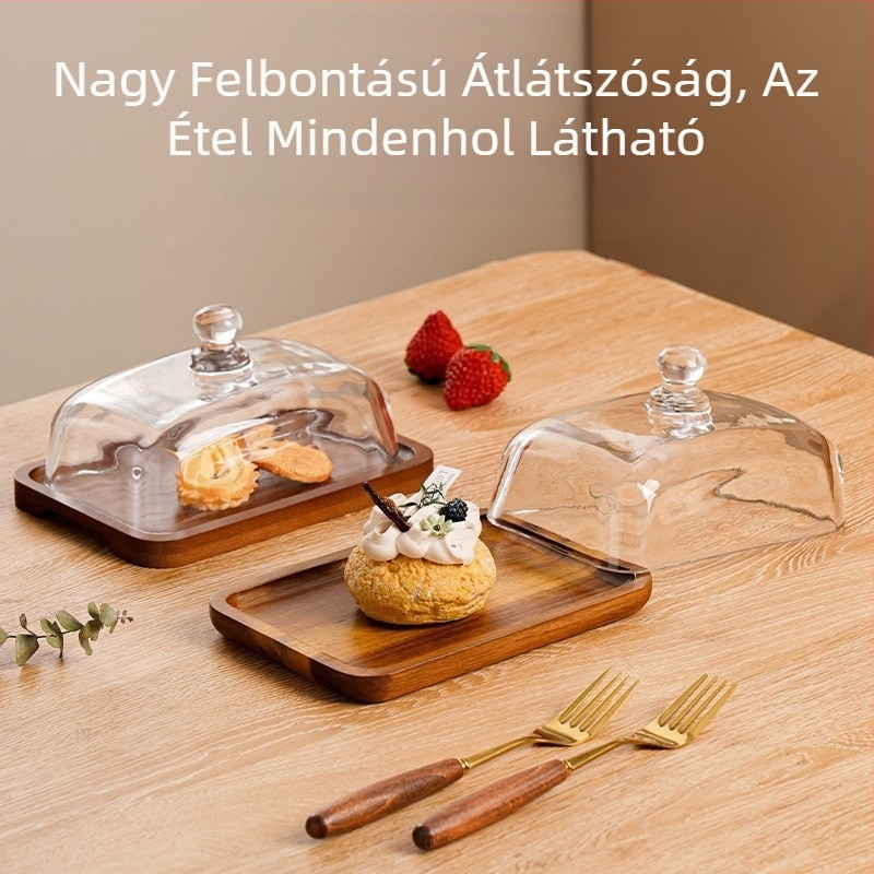 Határokon átnyúló, népszerű snack desszert torta desszert tányér téglalap alakú akácfa vajas tányér üvegfedél sajt vajas tányér