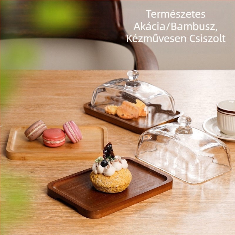 Határokon átnyúló, népszerű snack desszert torta desszert tányér téglalap alakú akácfa vajas tányér üvegfedél sajt vajas tányér
