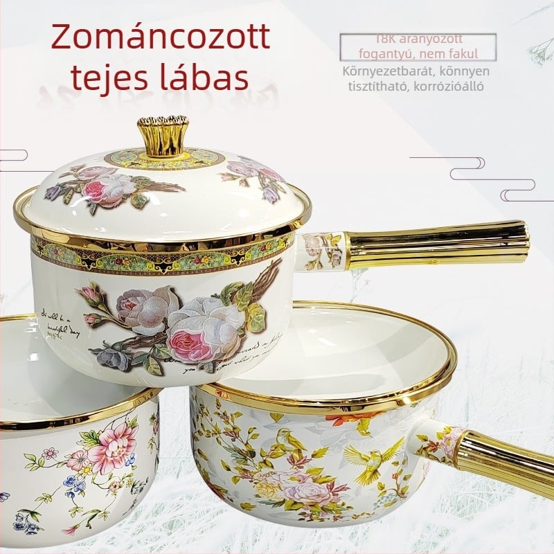 Zománcozott fazék Zománcozott zománcozott tejeskanna Egyetlen fogantyúval ellátott tejeskanna Levesesfazék Sűrített bébiétel-kiegészítő edény fedővel Internetes népszerű extra vastag