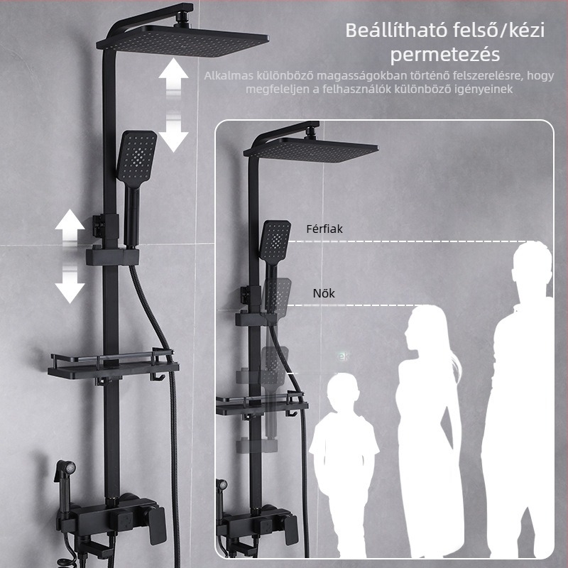 Fekete termosztatikus zuhanyruha, teljes rézből készült, hideg és meleg keverőszelepes fürdőszobai masszírozó zuhany, fürdőszobai határokon átnyúló nagykereskedelem