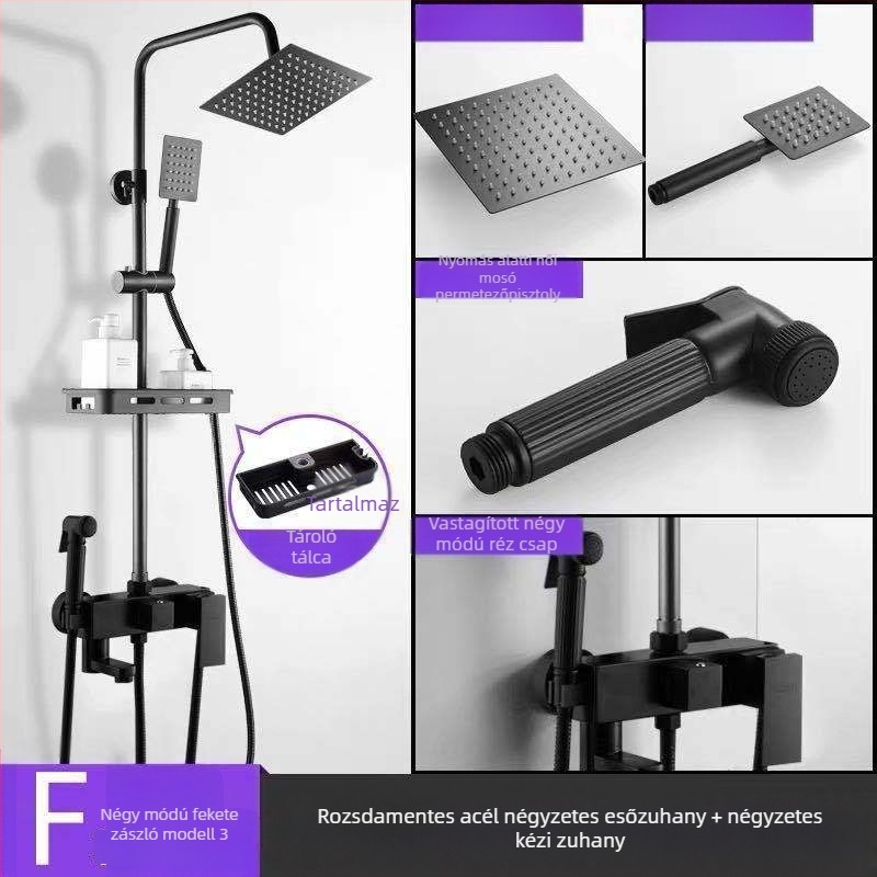 Fekete termosztatikus zuhanyruha, teljes rézből készült, hideg és meleg keverőszelepes fürdőszobai masszírozó zuhany, fürdőszobai határokon átnyúló nagykereskedelem