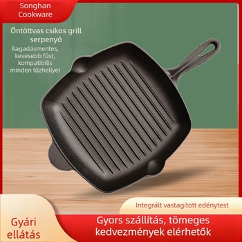 Vastag öntöttvas csíkos fa nyéllel ellátott steak serpenyő háztartási bevonat nélküli tapadásmentes steak serpenyő négyzet alakú serpenyő