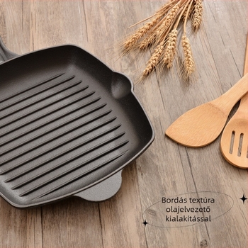 Vastag öntöttvas csíkos fa nyéllel ellátott steak serpenyő háztartási bevonat nélküli tapadásmentes steak serpenyő négyzet alakú serpenyő