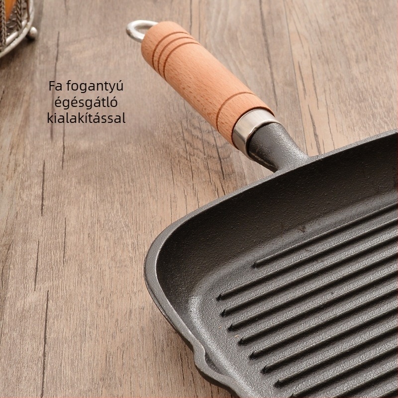 Vastag öntöttvas csíkos fa nyéllel ellátott steak serpenyő háztartási bevonat nélküli tapadásmentes steak serpenyő négyzet alakú serpenyő