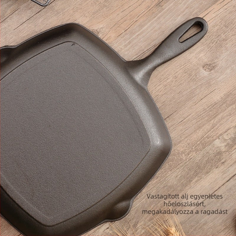 Vastag öntöttvas csíkos fa nyéllel ellátott steak serpenyő háztartási bevonat nélküli tapadásmentes steak serpenyő négyzet alakú serpenyő